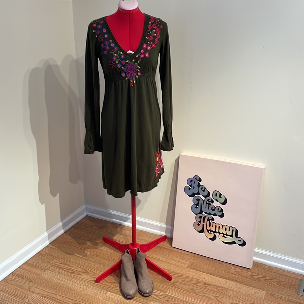 Johnny Was V-neck Floral Embroidered Boho Dress